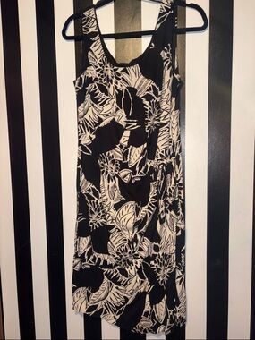1990s Vintage Positive Attitude Black and Cream Floral Tank Sheath Dress 9/10